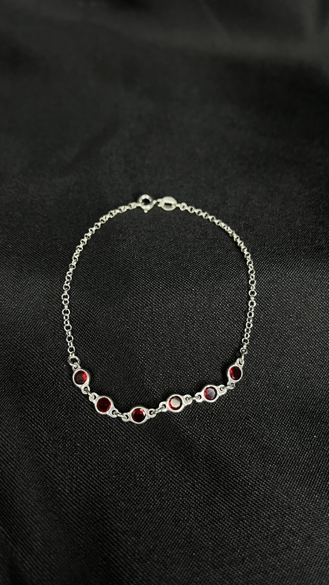 Pulseira de Prata Elo Português com Pedras Vermelhas