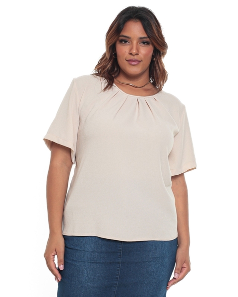 Blusa Feminina Plus Off White Manga Curta Plus Size Crepe