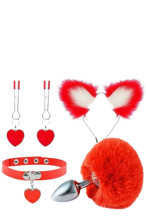 KIT RABO DE COELHO COM TIARA DE ORELHAS - GRAMPOS PARA OS SEIOS EM METAL E GARGANTILHA - VERMELHO - IMPORTADO