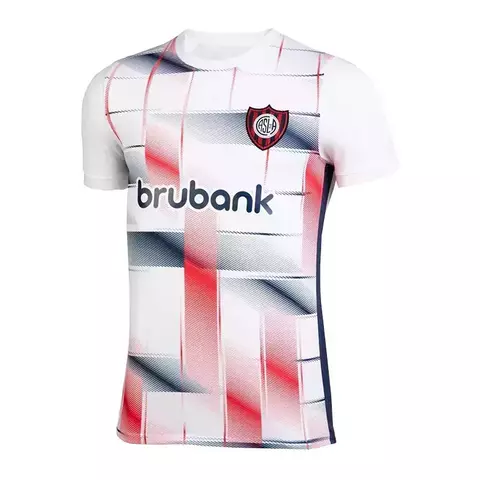 2024-2025-24-25-manto-camisa-camisas-camiseta-mantos-uniforme-uniformes-blusa-blusas-san-lorenzo-ii-segunda-reserva-branca-azul-vermelha-gola-redonda-geométrica-torcedor-masculina