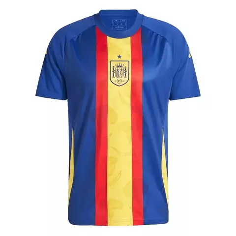 2025-2026-25-26-manto-camisa-camisas-camiseta-mantos-uniforme-uniformes-blusa-blusas-espanha-treino-masculina-torcedor-azul-vermelho-amarelo-faixas-gola-careca-estampa-colorida