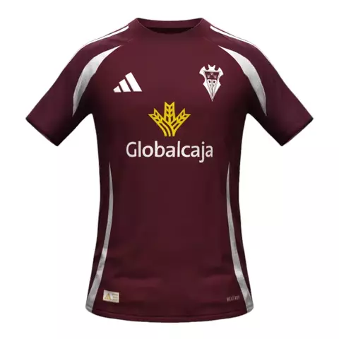 2025-2026-25-26-manto-camisa-camisas-camiseta-mantos-uniforme-uniformes-blusa-blusas-albacete-segunda-reserva-torcedor-masculina-bordô-vermelha-gola-redonda-listras-brancas