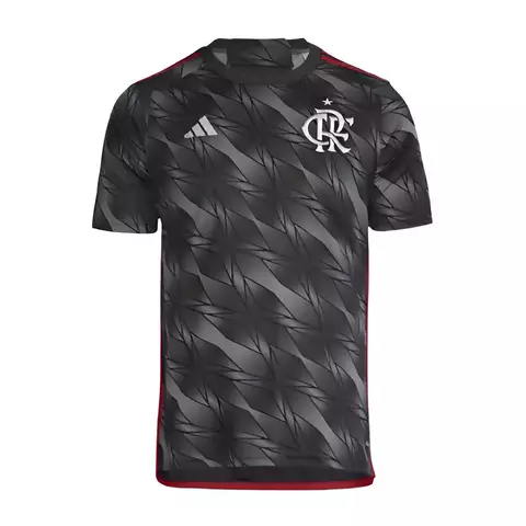 2025-2026-25-26-manto-camisa-camisas-camiseta-mantos-uniforme-uniformes-blusa-blusas-flamengo-iii-3-tres-terceira-reserva-masculina-torcedor-preta-cinza-vermelha-gola-redonda-estampa-geometrica