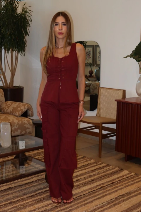 CALÇA CARGO LINHO BORDO