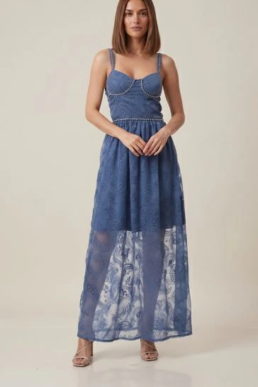 VESTIDO LONGO PAISLEY STRASS AZUL