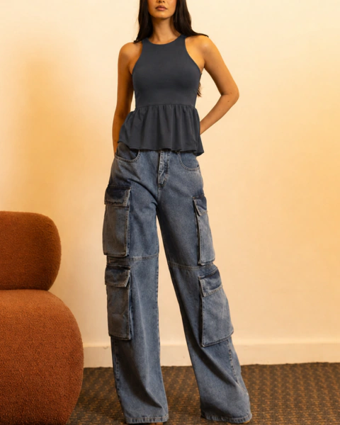 BLUSA PEPLUM NEVOA CINZA