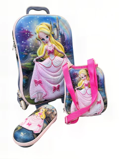 Mochila Escolar Feminina Infantil de Rodinhas com Estojo e Lancheira Priscess