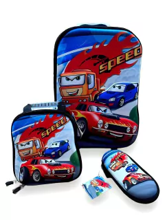 Kit Mochila Carros Infantil Juvenil Escolar 40L