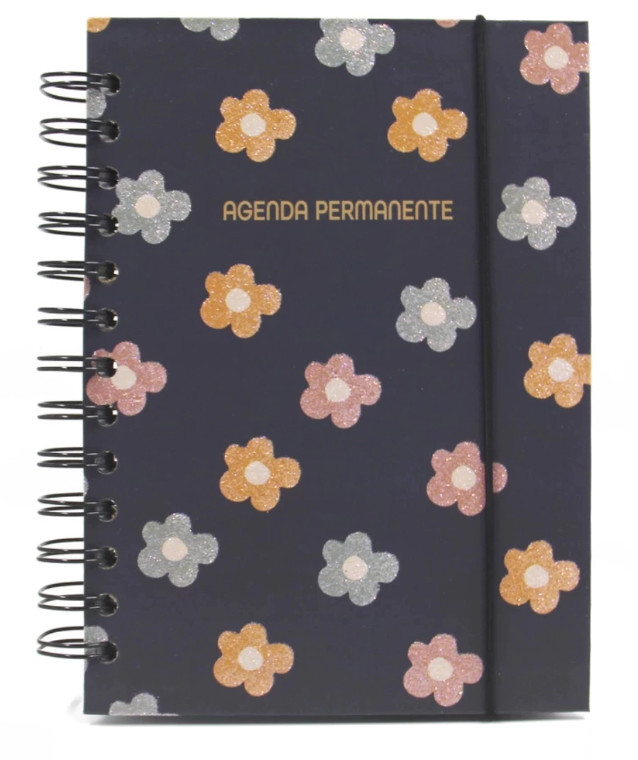 Agenda Permanente Espiral Flores Glitter 14X19cm 322 Páginas