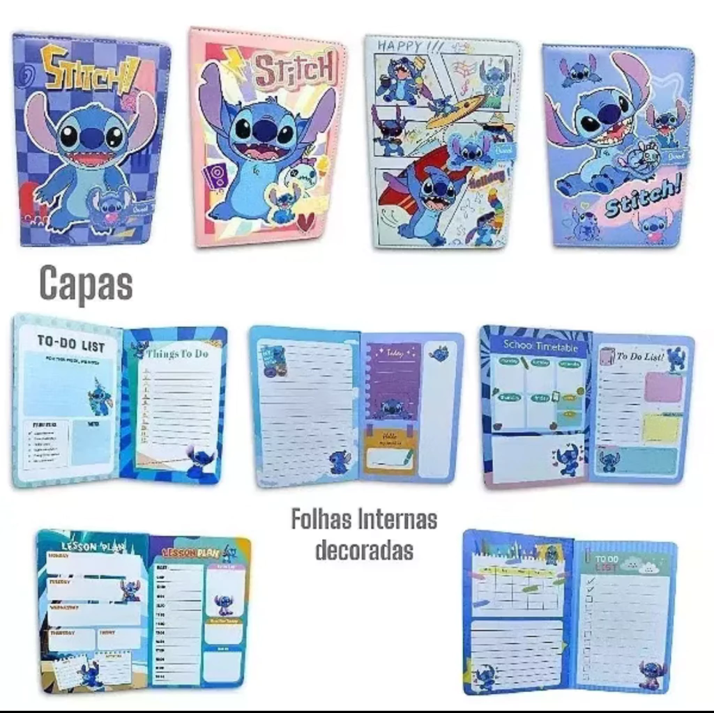 ￼Caderno Planner Semanal Stitch Folhas Decoradas Courino 112 Folhas