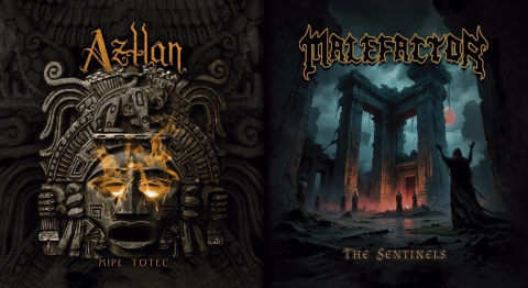 AZTLÁN / MALEFACTOR – Xipe Totec / The Sentinels - Split Álbum Em Vinil Vermelho Translúcido 12″ + Gatefold