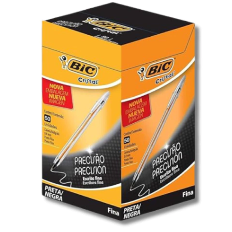 Caneta Esferográfica Bic Cristal Ponta Fina 0.8 Preta - Caixa 50 Unidades