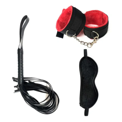 Kit Sadomasoquismo 3 Piezas Antifaz Látigo Esposas Rojo Negro BDSM