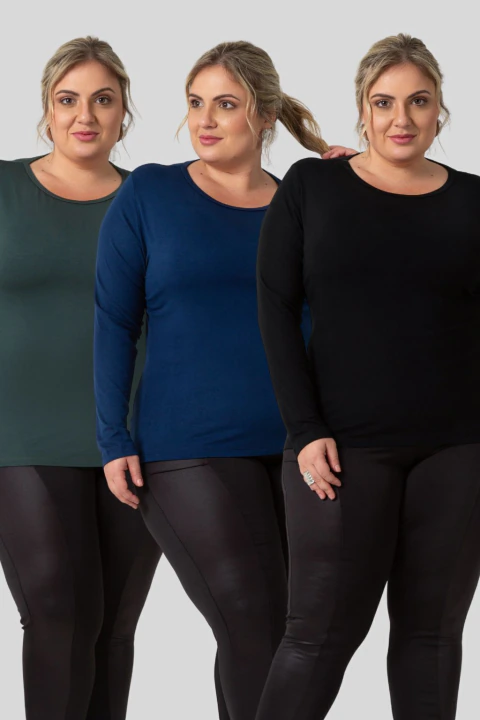 Kit 3 Blusas isabela Plus Size Feminina Manga Longa Mullet