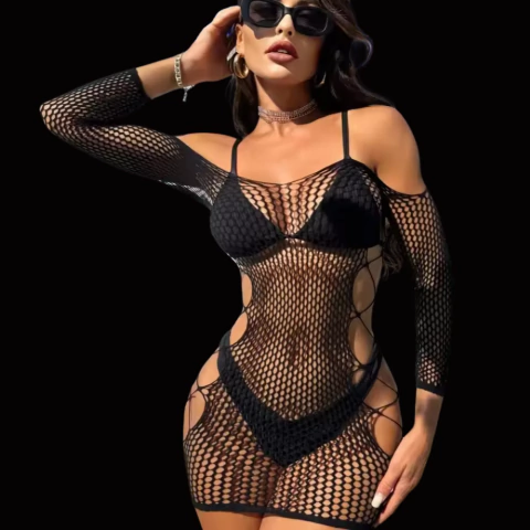 Vestido Fishnet com Mangas Longas, Tecido de Alta Elasticidade, Cor Sólida, Malha em Poliamida