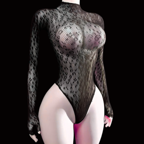 Body Transparente com Gola Alta e Manga Longa – Tecido Floral Elástico