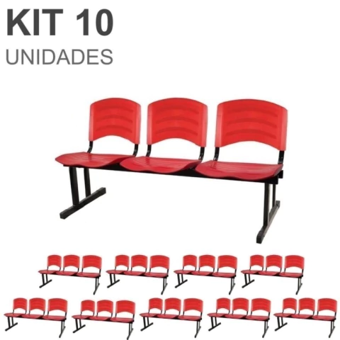 Kit 10 Cadeiras Longarinas PLÁSTICAS 03 Lugares – Cor Vermelho – REALPLAST – 33048