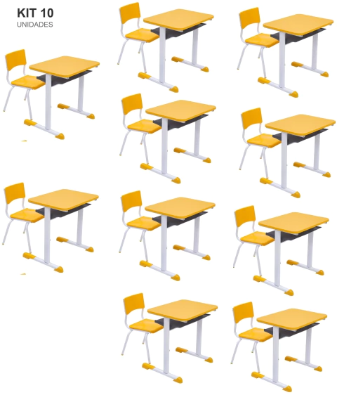 Kit 10 Conjuntos Escolar Individual Juvenil/Adulto com porta Livros cor Amarelo