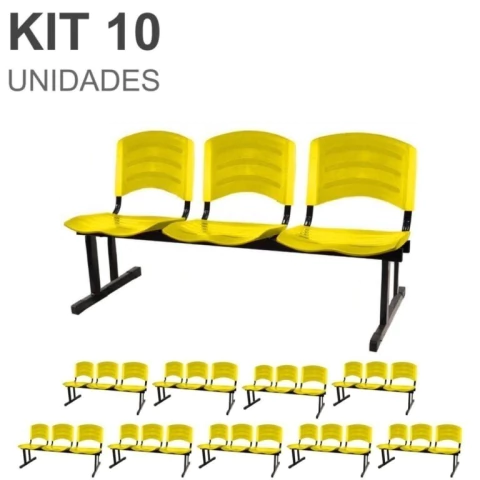 Kit 10 Cadeiras Longarinas PLÁSTICAS 03 Lugares – Cor Amarelo – REALPLAST – 33085