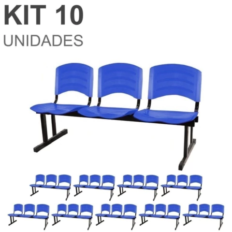 Kit 10 Cadeiras Longarinas PLÁSTICAS 03 Lugares – Cor Azul – REALPLAST – 33057