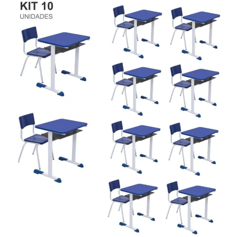 Kit 10 Conjuntos Escolar Individual Juvenil/Adulto com porta Livros cor Azul