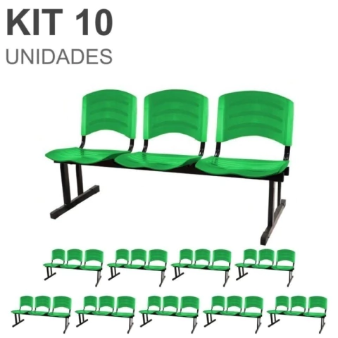 Kit 10 Cadeiras Longarinas PLÁSTICAS 03 Lugares – Cor Verde – REALPLAST – 33066