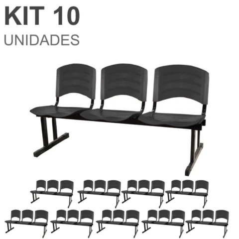 Kit 10 Cadeiras Longarinas PLÁSTICA 03 Lugares – Cor PRETO – REALPLAST – 33039