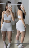 Conjunto de short empina bumbum brocado branco com regulagem nas laterais