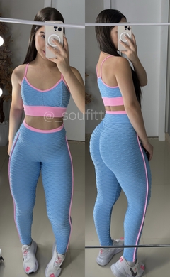 Conjunto de legging empina bumbum poliamida brocado azul com rosa