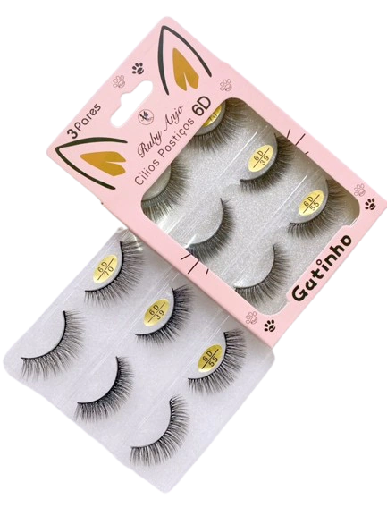 Kit de Cílios Postiços 03 pares Gatinho 6D - Ruby Anjo