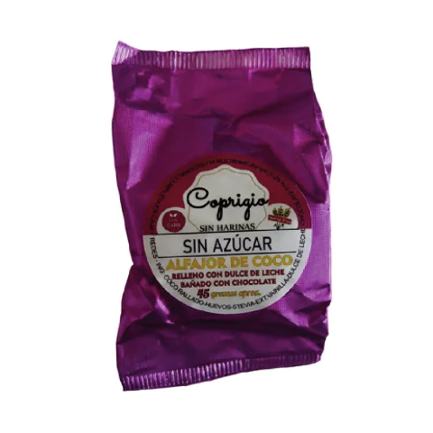 Alfajor keto de coco y dulce de leche bañado con chocolate Coprigio 45g - comprar online