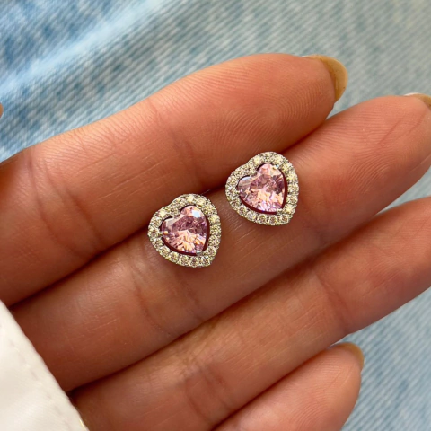 Brinco Coração Rosa Bebê Prata 925