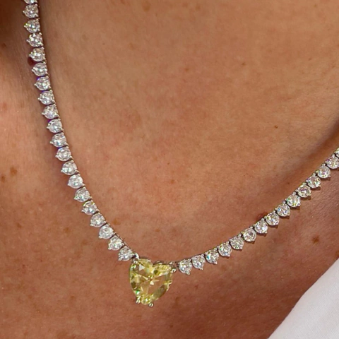 Riviera 3 pontas 3mm com Coração Zircônia Cristal e Citrino (Fecho Joia) em Banho de Ródio Branco