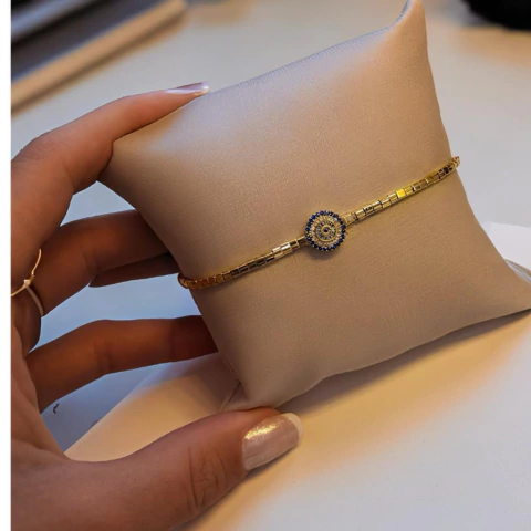 Pulseira Olho Grego Ajustável Banho Ouro 18K