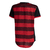 Camisa feminina do Flamengo, modelo I 22/23, na cor preta e vermelha, vista pela parte de trás, com padrão de listras onduladas.