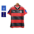 Camisa do Flamengo I Patrocínios 23/24, modelo masculino, nas cores vermelho e preto, com detalhes em azul e logotipos da Adidas e competições.