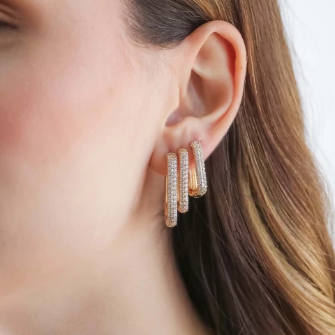 Brinco Trio de Argola Retangular Cravejada