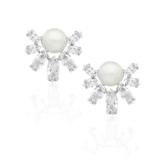 BRINCO DELICADO COM PÉROLA E PEDRAS - RÓDIO BRANCO - comprar online
