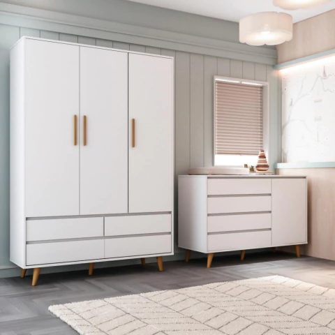 Quarto de Bebê Retrô Guarda Roupa 3 Portas Cômoda Infantil Gran Lorena com Porta Branco Carolina Baby