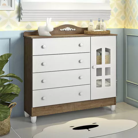 Cômoda Infantil Provençal 4 Gavetas com Fraldário Lisa Branco Fosco com Amadeirado Carolina Baby