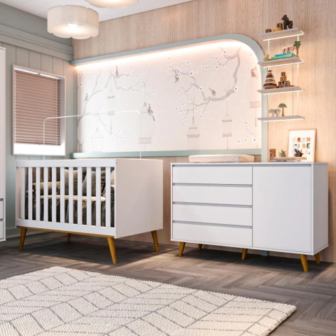 Quarto de Bebê Retrô Berço 3 em 1 Ludmila Cômoda Infantil com Fraldário Gran Lorena Branco Carolina Baby