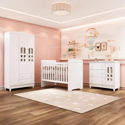 Quarto de Bebê Guarda Roupa 3 Portas Cômoda com Fraldário Berço 3 em 1 Gabrielle Branco Carolina Baby