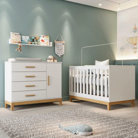 Quarto de Bebê Helen Berço 3 em 1 Cômoda com Porta Branco Carolina Baby
