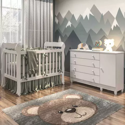 Quarto de Bebê Cômoda 4 Gavetas com Fraldário Taís Berço 3 em 1 Lila Branco Carolina Baby