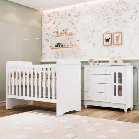 Quarto de Bebê Cômoda com Porta Berço 3 em 1 Gabrielle Branco Carolina Baby
