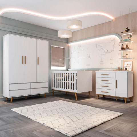 Quarto Infantil Retrô Guarda Roupa 3 Portas Lorena Cômoda Fraldário Ludmila Berço 3 em 1 Ludmila Branco Fosco Carolina Baby