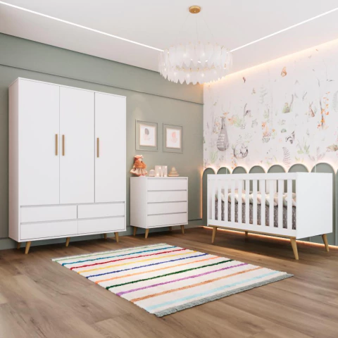 Quarto de Bebê Retrô Guarda Roupa 3 Portas Lorena Cômoda 4 Gavetas Lorena Berço 3 em 1 Ludmila Branco Carolina Baby