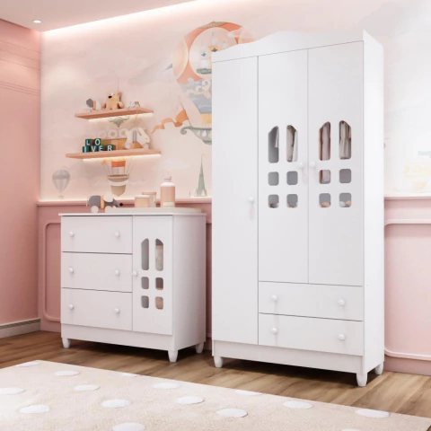 Quarto de Bebê Cômoda com Fraldário Guarda Roupa Mirelle 3 Portas Branco Carolina Baby