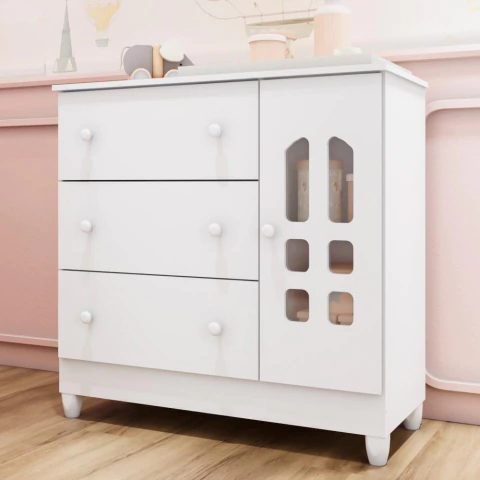 Cômoda Infantil Eloá 3 gavetas com Porta Fraldário Branco Carolina Baby