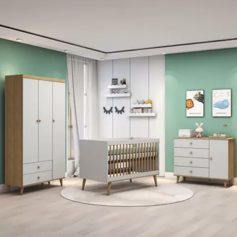 Quarto de Bebê Retrô Berço 3 em 1 Cômoda 4 Gavetas com Fraldário Guarda Roupas 3 Portas Lígia Off White com Bétula Carolina Baby